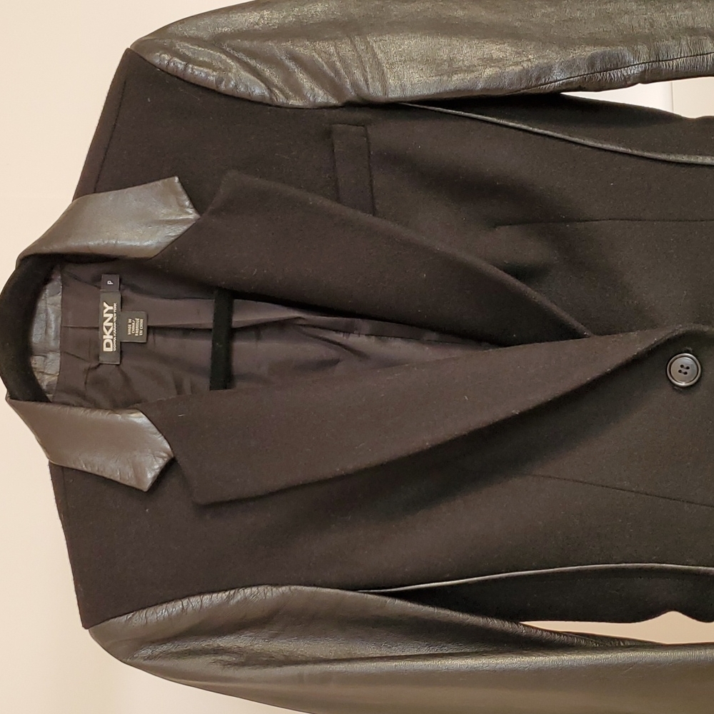 DKNY black leather and wool blazer